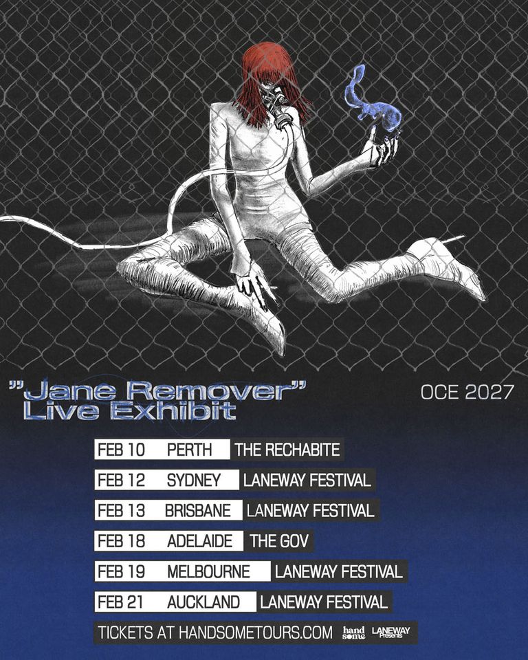 Tour poster for Jane Remover Live Exhibit OCE 2027 tour, featuring a futuristic figure against mesh with dates for Perth, Sydney, Adelaide, Auckland.